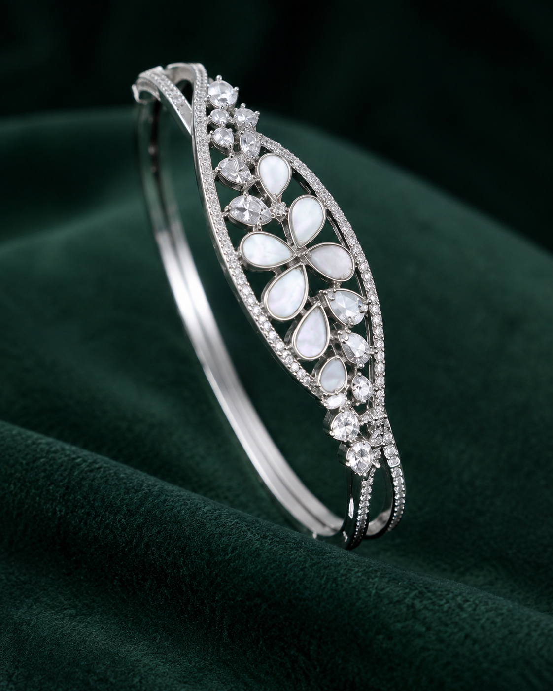 Origo Pearl Bloom Bangle | 925 Sterling Silver Mother of Pearl Floral Bangle for Women