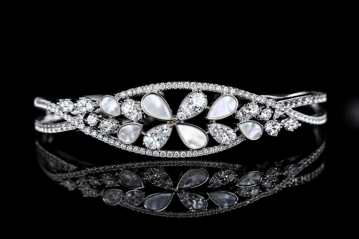 Origo Pearl Bloom Bangle | 925 Sterling Silver Mother of Pearl Floral Bangle for Women