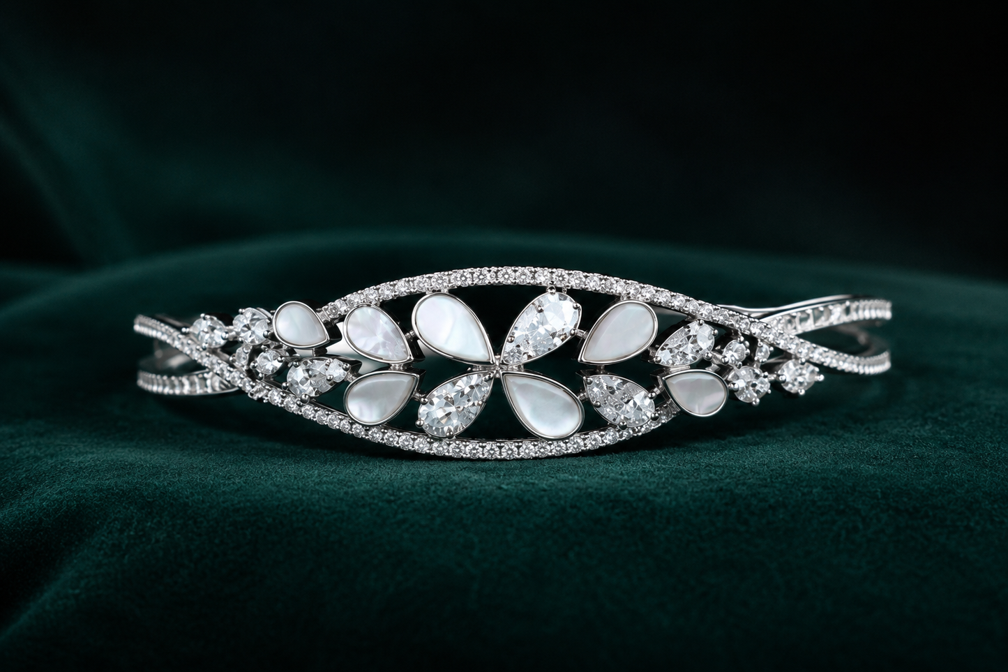 Origo Pearl Bloom Bangle | 925 Sterling Silver Mother of Pearl Floral Bangle for Women