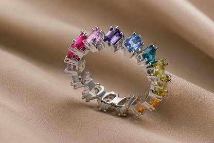 Origo Rainbow Eternity Ring | 925 Sterling Silver Multicolor CZ Ring for Women