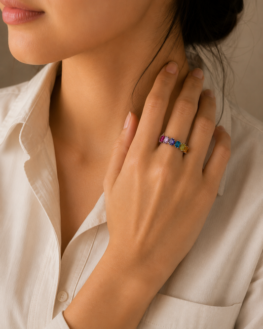 Origo Rainbow Eternity Ring | 925 Sterling Silver Multicolor CZ Ring for Women
