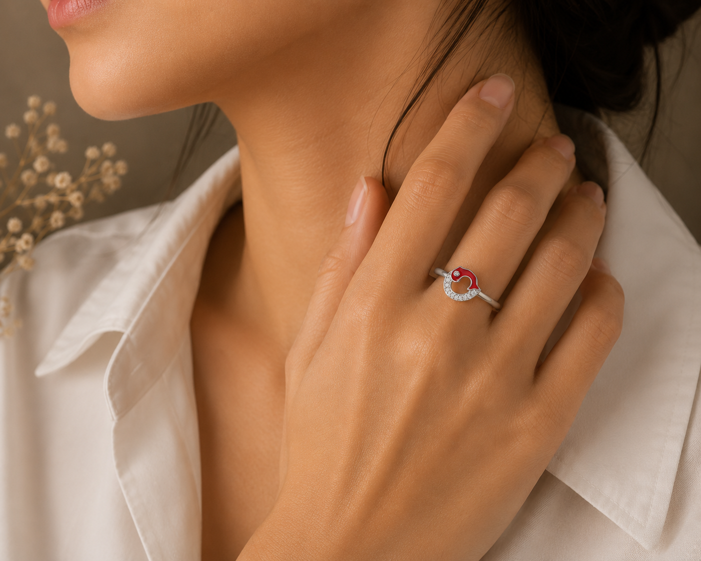 Origo Dolphin Ring | 925 Sterling Silver Red Enamel CZ Ring for Women