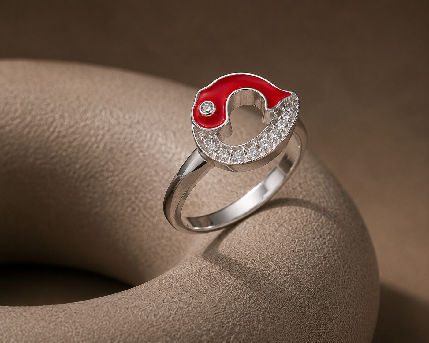 Origo Dolphin Ring | 925 Sterling Silver Red Enamel CZ Ring for Women