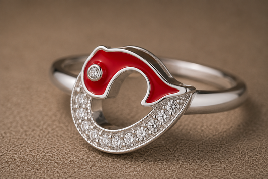 Origo Dolphin Ring | 925 Sterling Silver Red Enamel CZ Ring for Women