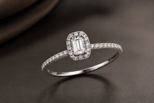 Origo Emerald Cut Halo Ring | 925 Sterling Silver CZ Ring for Women