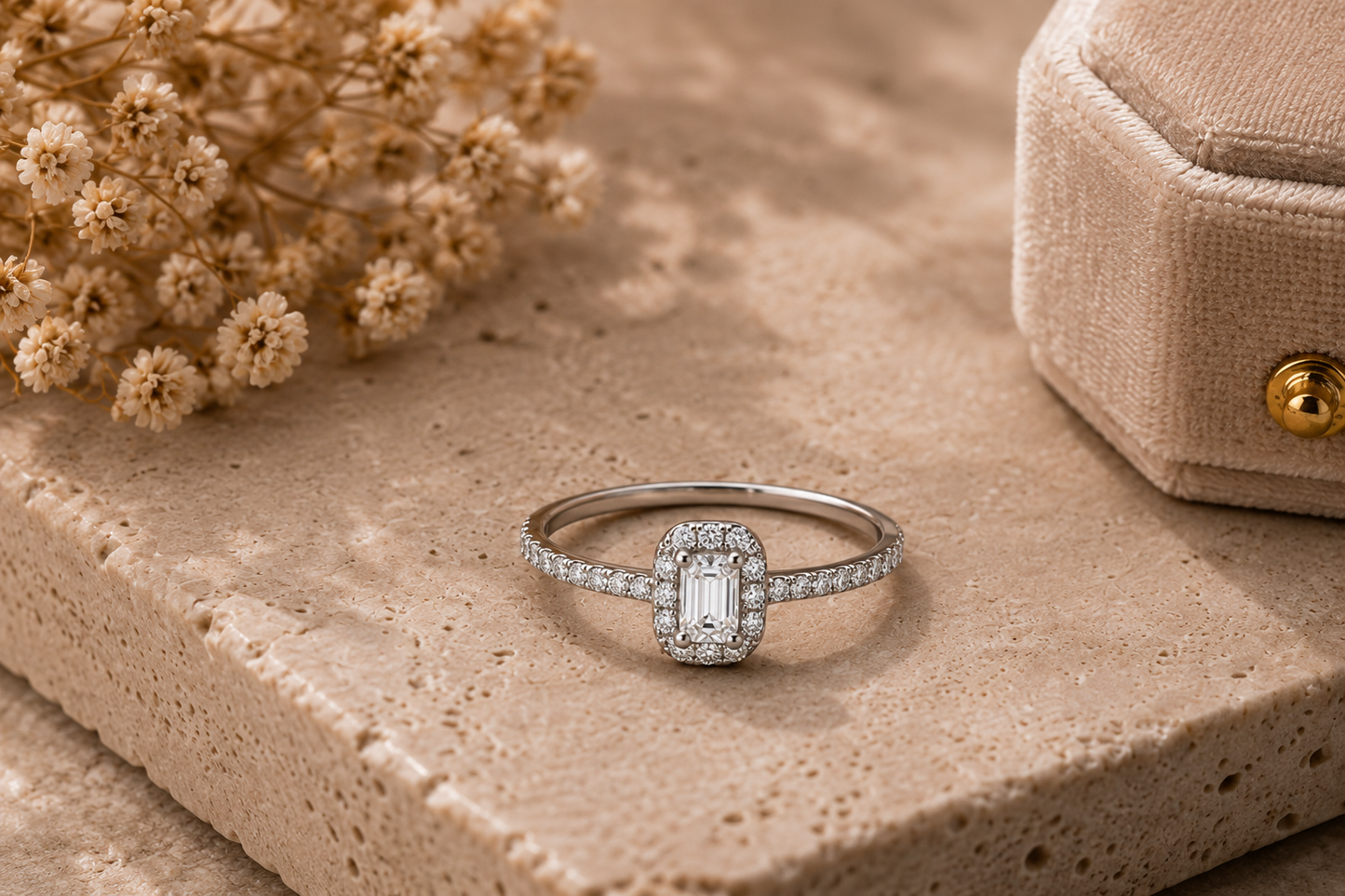 Origo Emerald Cut Halo Ring | 925 Sterling Silver CZ Ring for Women