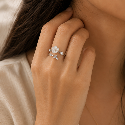 Origo Mother of Pearl Flower Ring | 925 Sterling Silver Floral Ring for Women