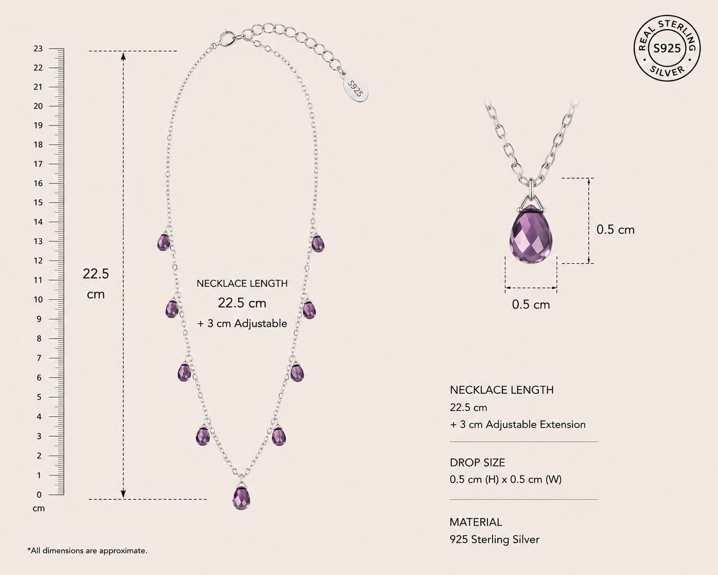 Origo Purple Drop Necklace | 925 Sterling Silver Dangle Necklace for Women